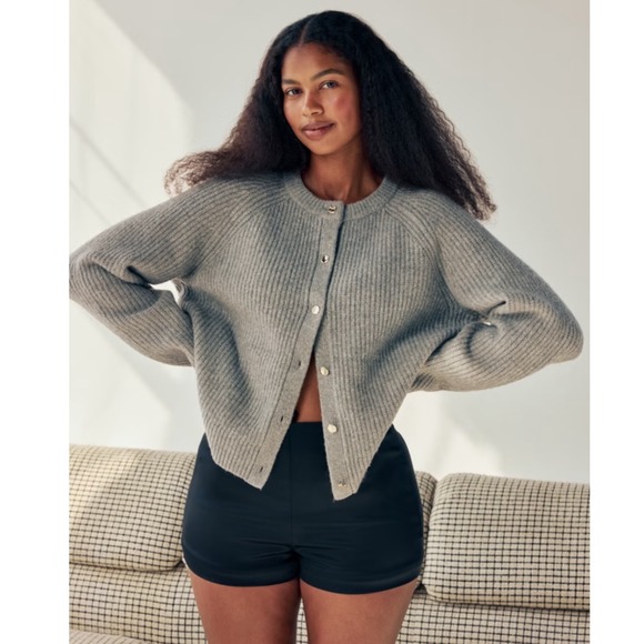 Abercrombie & Fitch Sweaters - Abercrombie & Fitch Gray Ribbed Crew Cardigan Gold Buttons XL Wool Blend Sweater